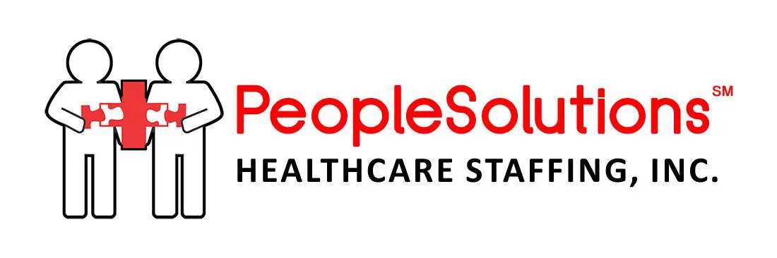 A red and white logo for people source healthcare staffing.